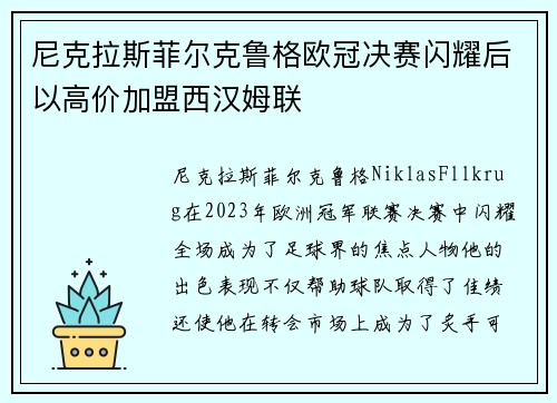 尼克拉斯菲尔克鲁格欧冠决赛闪耀后以高价加盟西汉姆联 尼克拉斯菲尔克鲁格欧冠决赛闪耀后以高价加盟西汉姆联