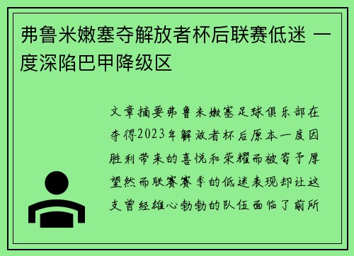 弗鲁米嫩塞夺解放者杯后联赛低迷 一度深陷巴甲降级区 弗鲁米嫩塞夺解放者杯后联赛低迷 一度深陷巴甲降级区